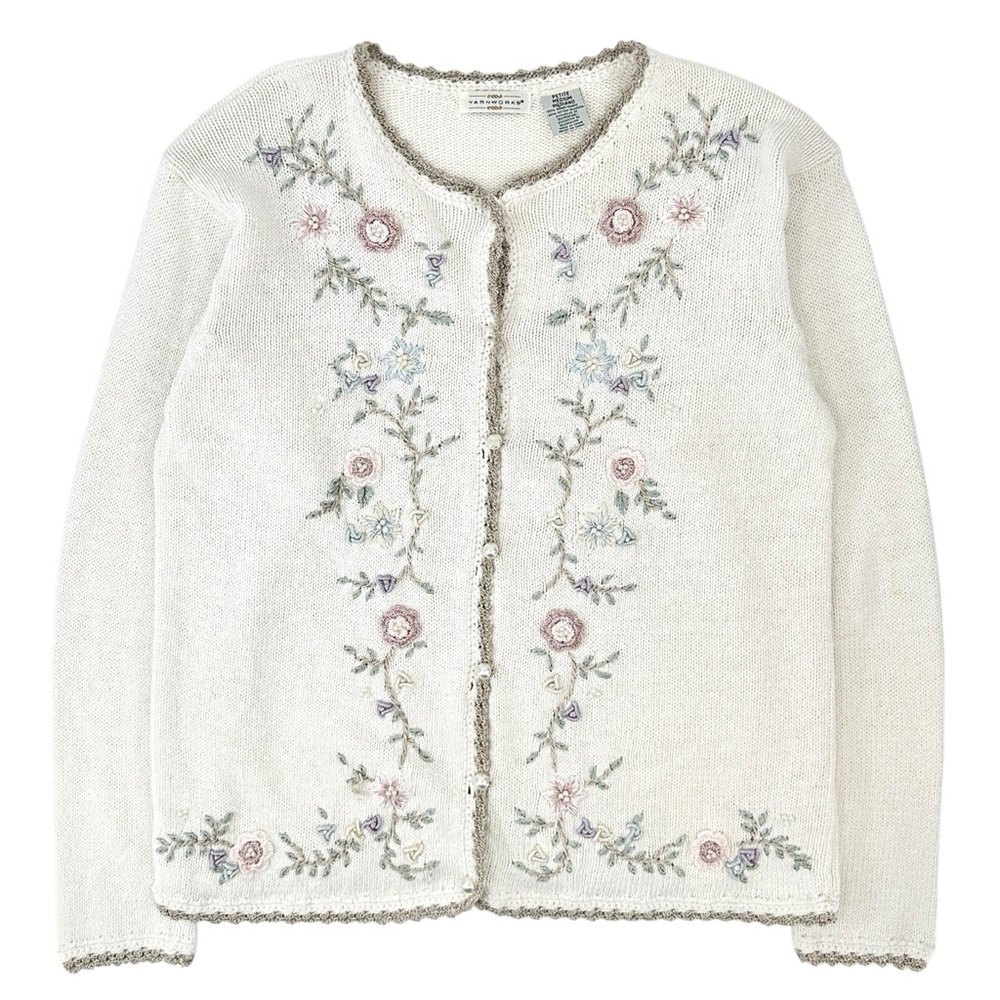 Vintage Yarnworks White Pink Embroidered Pearl Button Cotton Knit Cardigan sz M - Picture 1 of 7